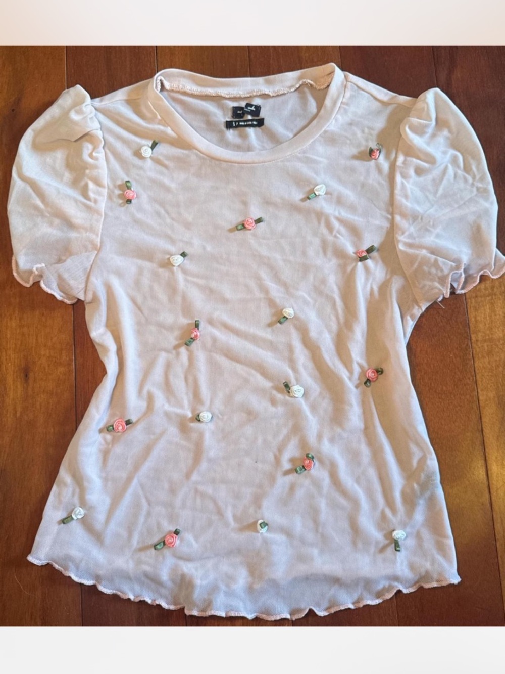 Urban Outfitters Light Pink Puff Sleeve Mesh Floral Embroidered Top